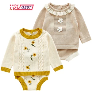 Детский вязаный костюм осенний вязаный свитер с длинными рукавами и цветочным принтом для маленьких девочек + шорты Детский костюм для девочек 0-3 лет