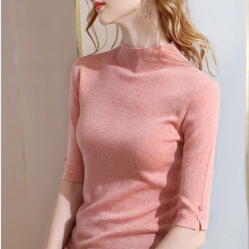 

Five-point sleeve wool sweater autumn women's clothing 2021 new style sleeve top half high neck knitted bottoming shirt women