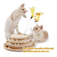 pet interactive cat toys with feather wooden base self amusement circuit ball toy with 3 levels narual sisal for cat playing toy