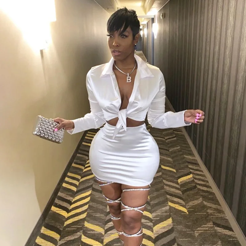 

Fashion Satin Matching 2pcs for Women V Neck Party Outfits Long Sleeve Bandage Skirt Set