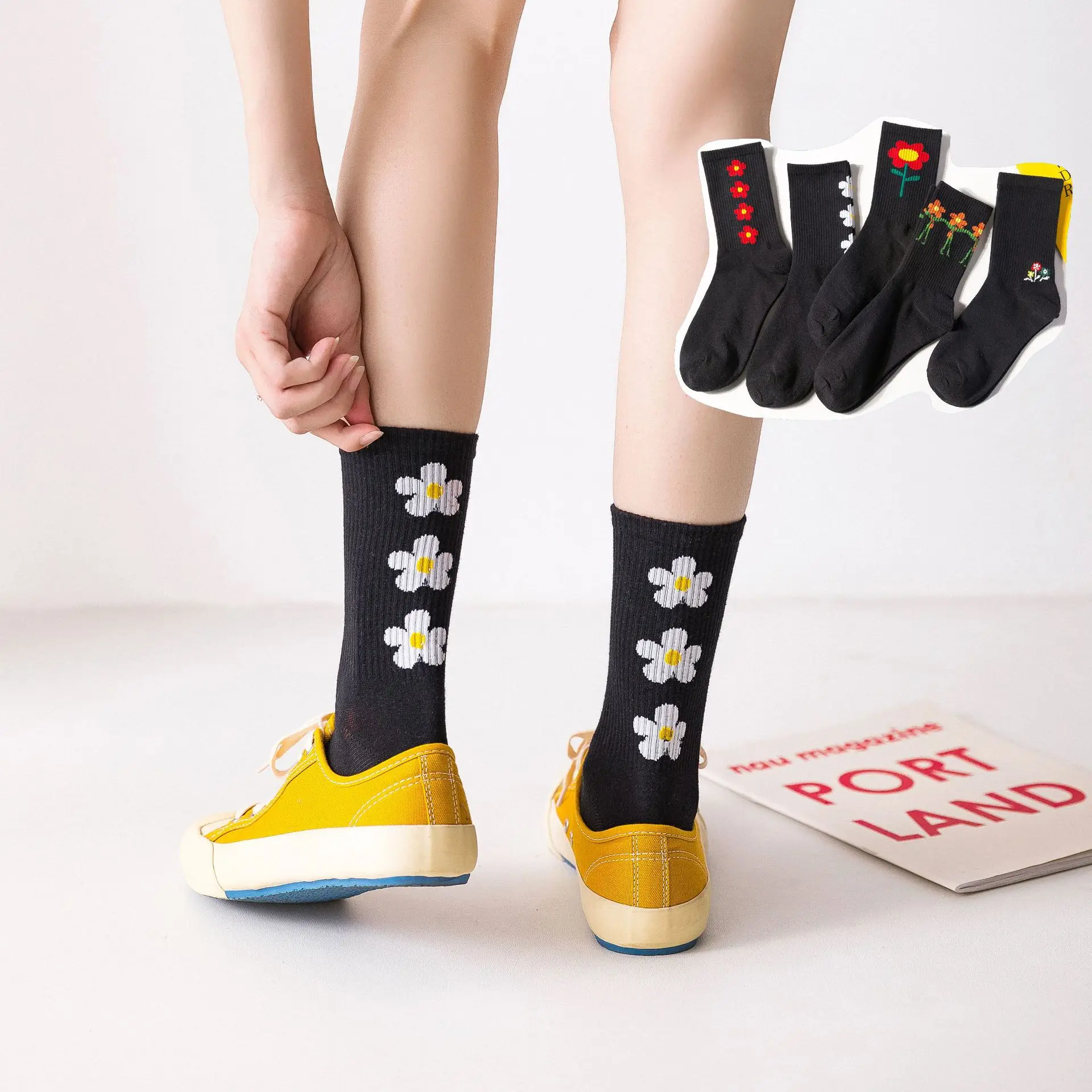 Новинка женские чулки корейский черный цветок Ins горячая распродажа чистый