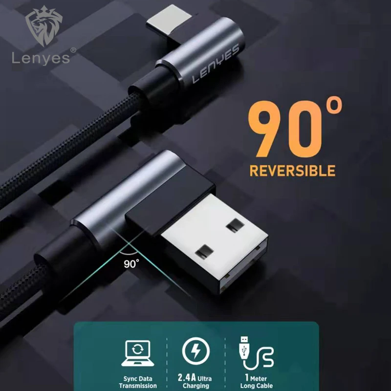 Lenyes l-образный USB кабель 90 градусов Реверсивный 2.4A 3 фута нейлоновый плетеный