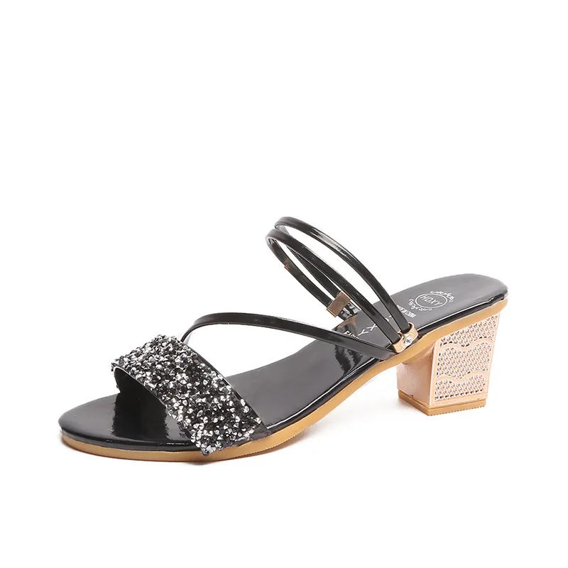 

Comfortable Women's Shoes Slippers Women's Outer Wear Fashion 2020 New Summer Thick Heel Sandals Women's Rhinestone Cool High He