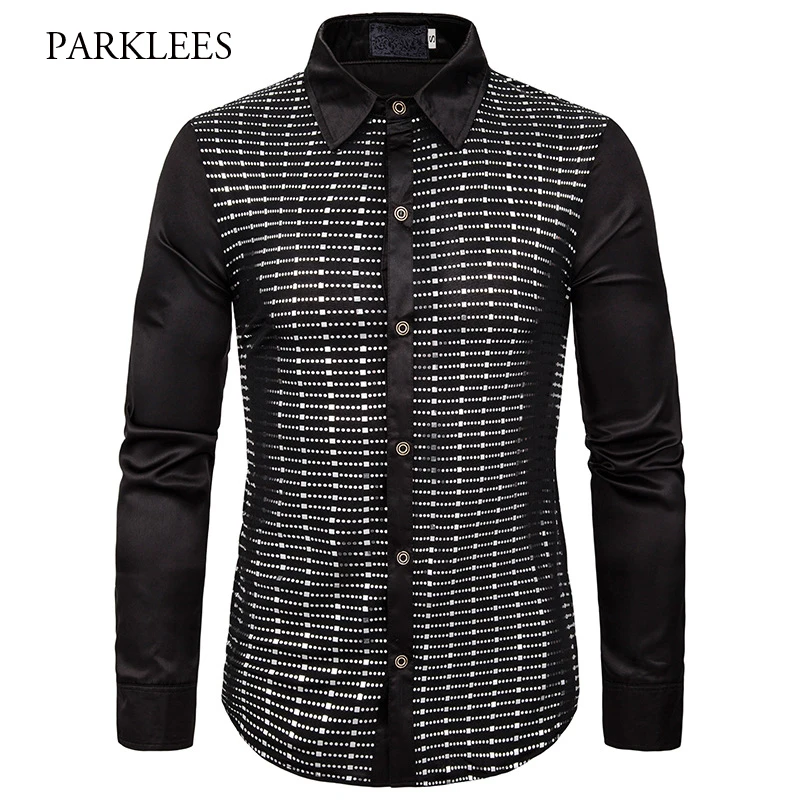 Рубашка мужская с золотыми блестками шелковая атласная пайетками | Мужская