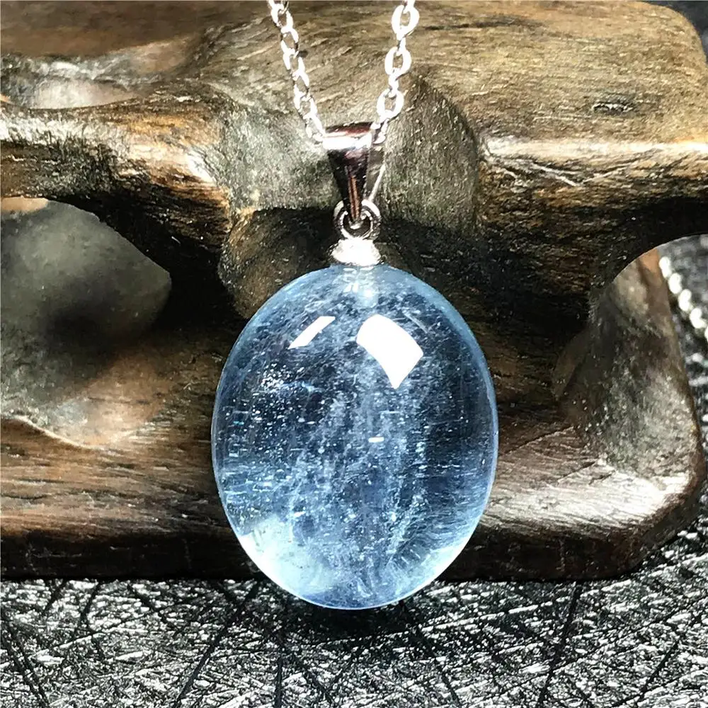 Pendant Necklace Natural Ocean Blue Aquamarine Jewelry For Woman Lady Man Silver Chains Crystal 19x14x9mm Beads Oval Stone AAAAA | Украшения
