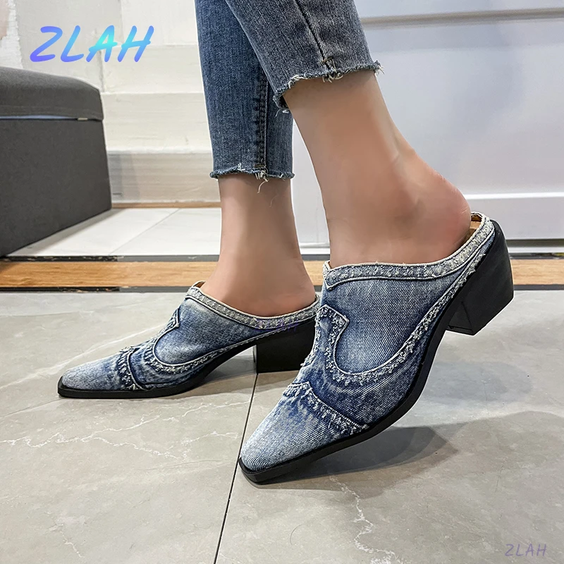 

New Ladies Denim Thick-heeled Sandals Zlah Women's Square Toe Sandals Outdoor Half-slippers One Pedal Mules Women's Slippers