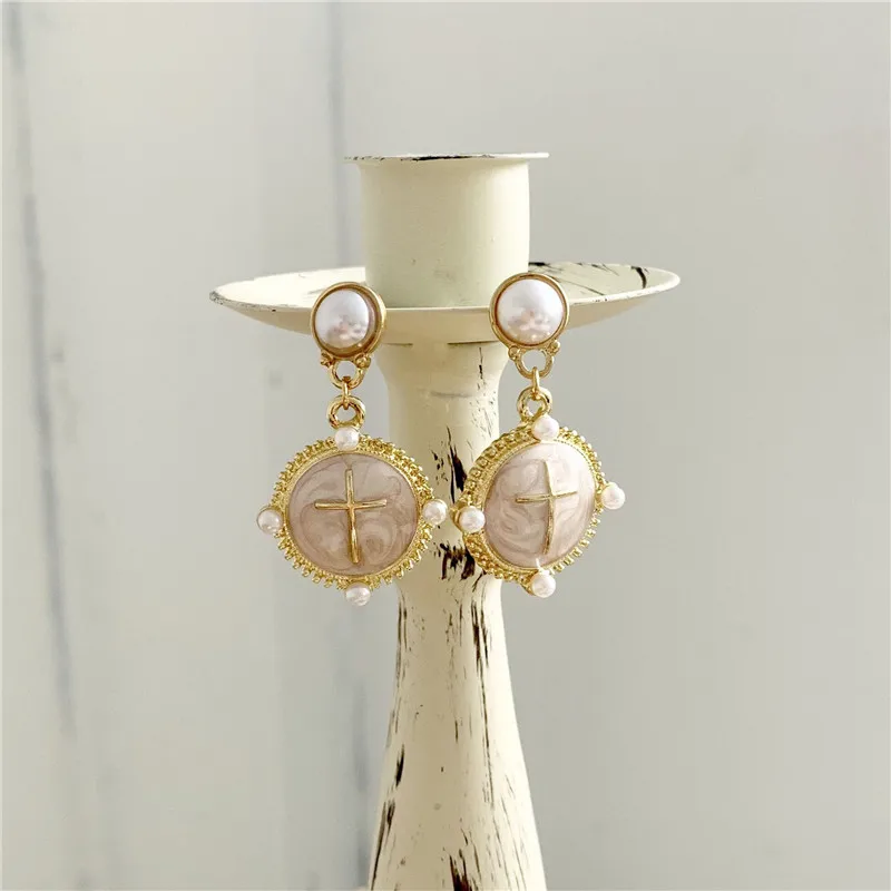 

Vintage Cross Round Pendant Non Pierced Earrings Baroque Big Earrings