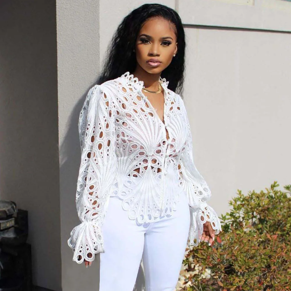 

Fashion Woman Blouses 2021 Sexy Ladies White Lace Hollow Out Party Night Club Flare Long Sleeve Tops Female Autumn White Shirt