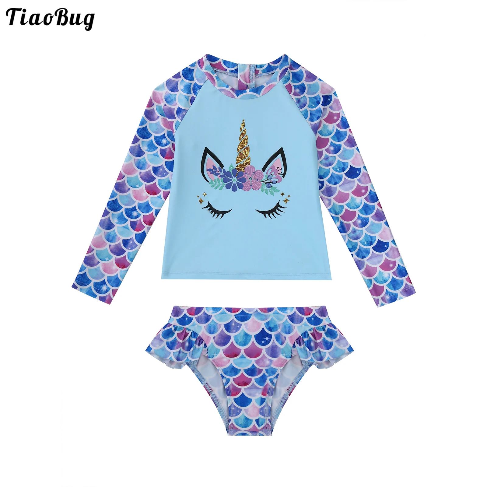 

TiaoBug Summer 2Pcs Kid Girls Fish Scales Cartoon Print Swimming Suit Round Neck Long Sleeves Tops And Briefs Set Beach Bikini