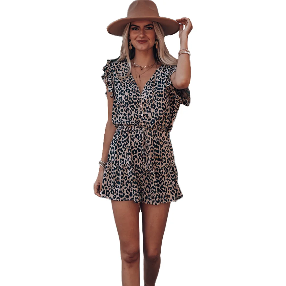 

Women Rompers Leopard Print Jumpsuit Ruffle Summer V-neck Short Sleeve Overalls Jumpsuit Female Loose Casual Playsuit