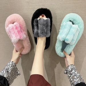 2021Faux Fur Home Slippers Fluffy Women Slides Comfort Furry Flat Sandals Female Cute Slippers Shoes For Woman Indoor Flip Flops