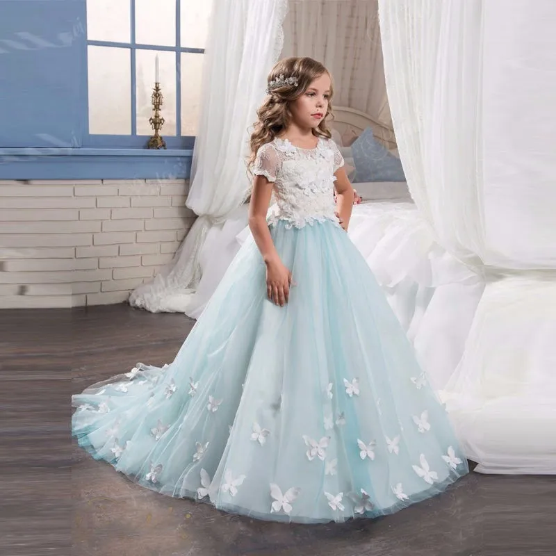 

Butterfly Light Blue Flower Girl Dress For Wedding Party First Communion for Girls Pageant Gowns Vestidos De Nina De Las Flores