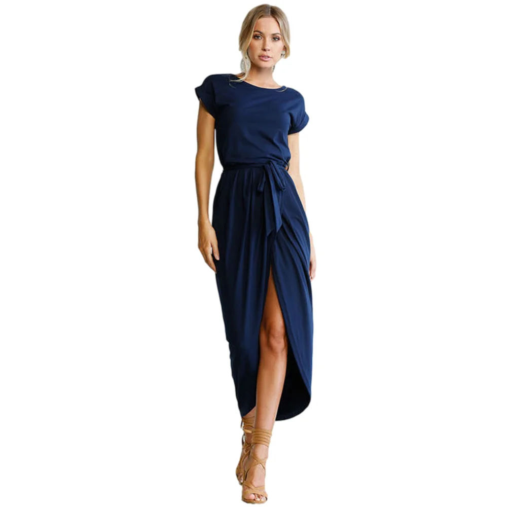 Solid Color Short Sleeve Front Slit Irregular Hem Slim Maxi Dress Summer Women Sexy Long Dresses Casual O-Neck with Sashes | Женская