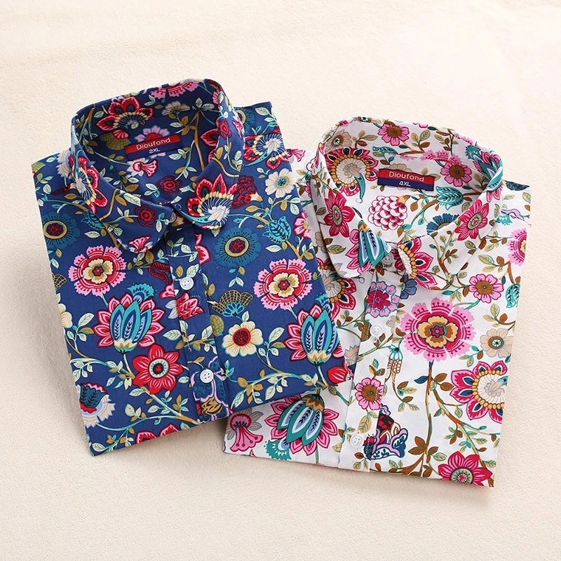 

Dioufond 2021 Floral Women Blouses Long Sleeve Shirt Cotton Women Shirts Cherry Casual Ladies Tops Floral Print Blouse