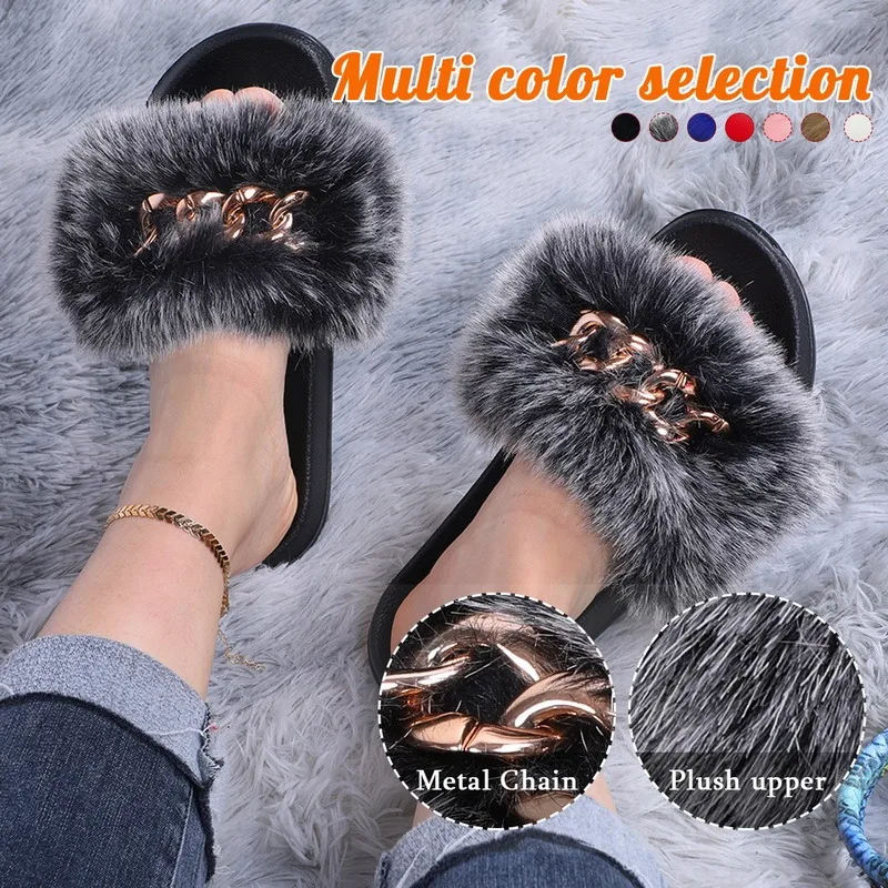 

Fox Fur Sandals Furry Slippers Fluffy Flip Flops Big Chain Real Fur Shoes For Women 2021 Ladies House Slippers Fashion Sandals