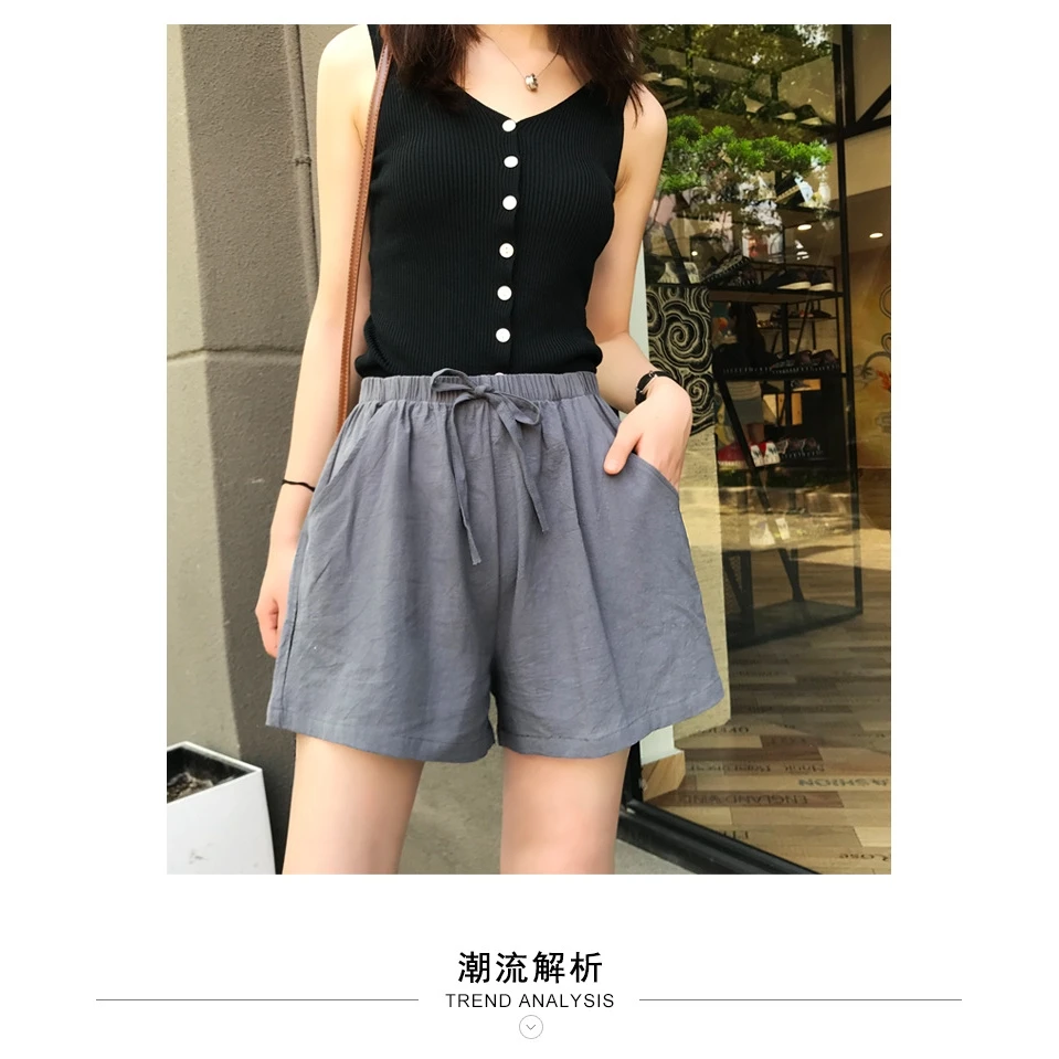 

Women Cotton And Linen Beach Shorts Summer New Loose Sports Casual High Waist Plus Size A Word Linen Wide Leg Three-Point Pants