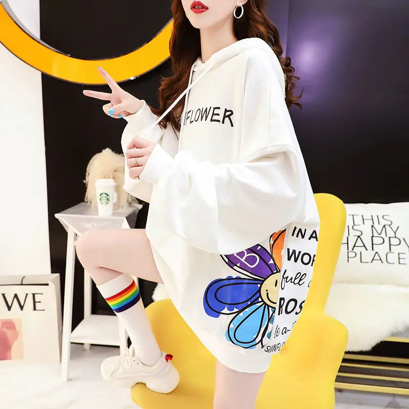 

2021 Fall New Pattern Print Hooded Sweatshirt Korean Style Loose All-match College Wind Top