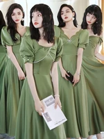 fashion slim satin bridesmaid dresses bow square collar puff sleeve bride marriage sister gown summer casual party dress