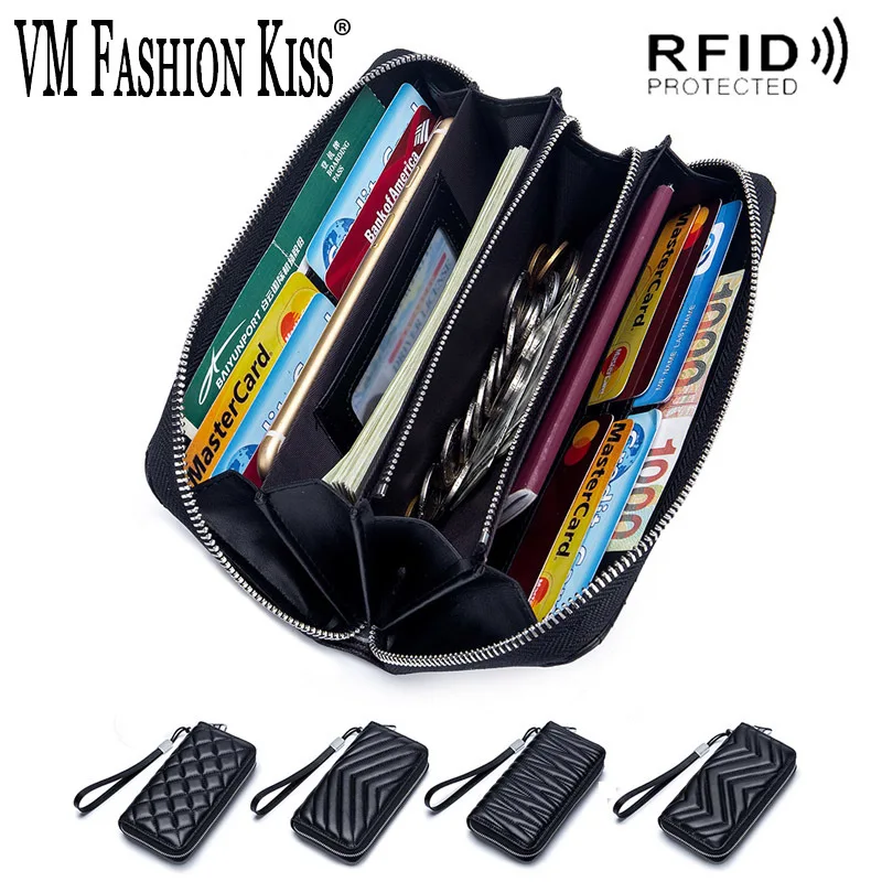 

VM FASHION KISS Genuine Leather Women Long Purse Female Clutches Money Wallets Handy Passport Wallet for Cell Phone Card Holder