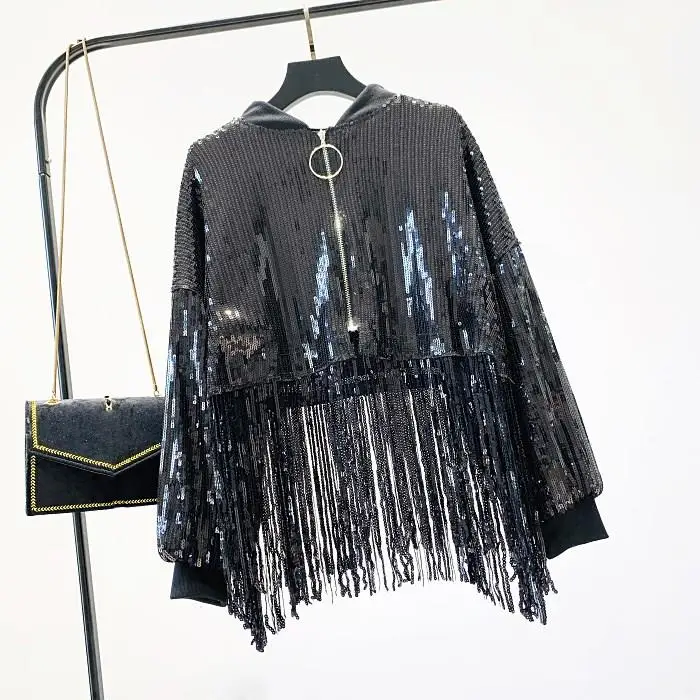 Осень бахромой кисточкой расшитая блестками куртка для женщин Весна Bf Ретро