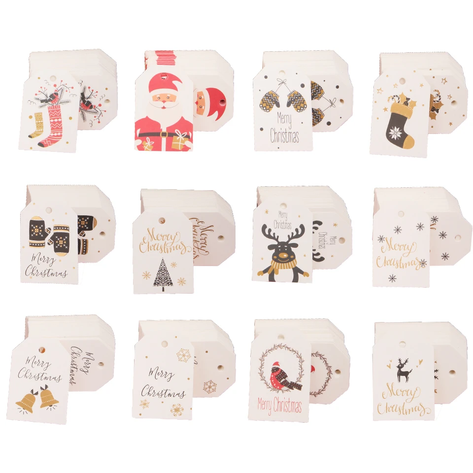 

50PCS Santa Claus Paper Cards Merry Christmas Series Paper Hang Tags DIY Kraft Christmas Party Labels Gift Wrapping Supplies
