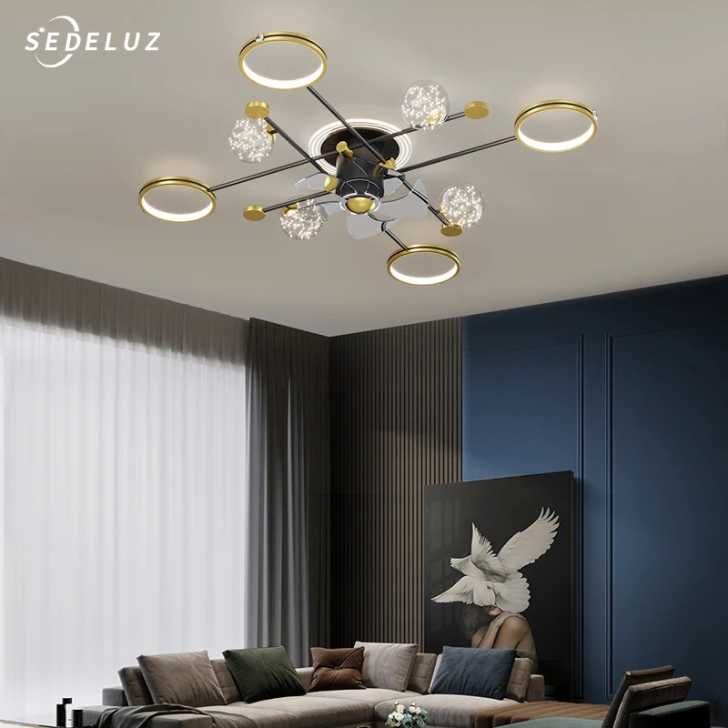

Modern LED Ceiling Fan Lamp Living Room Bedroom Lighting New Lamp Gold Frame Aluminum Pendant Lamp Indoor Lighting.