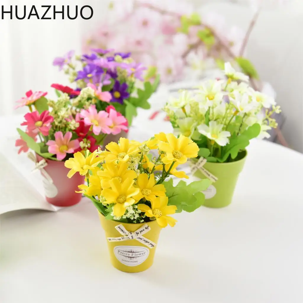 Искусственные цветы хризантемы с пластиковой вазой мини бонсай Свадебные