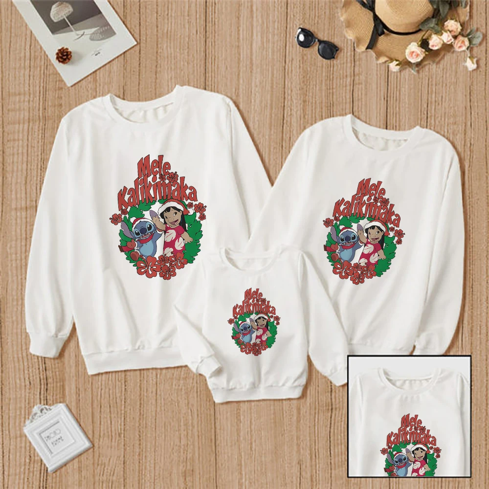 

Disney Merry Christmas Mele Kalikimaka Letter Unisex Sweatshirt Lilo & Stitch Creative Parent Child Hoodies Top Pullover Clothes