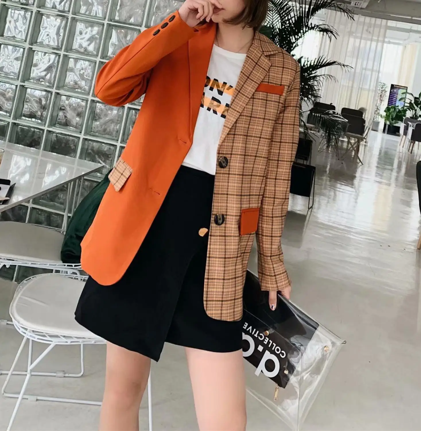 NSZ женский однотонный лоскутный яркий Блейзер оверсайз с узором гусиные лапки