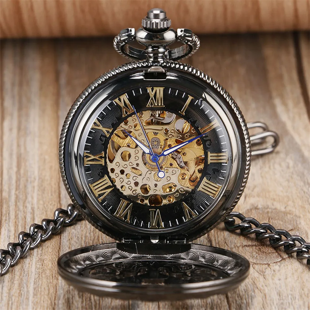 Vintage Elegant Black Hollow Pattern Automatic Mechanical Pocket Watch Golden Skeleton Roman Numerals Self Winding Pendant Clock