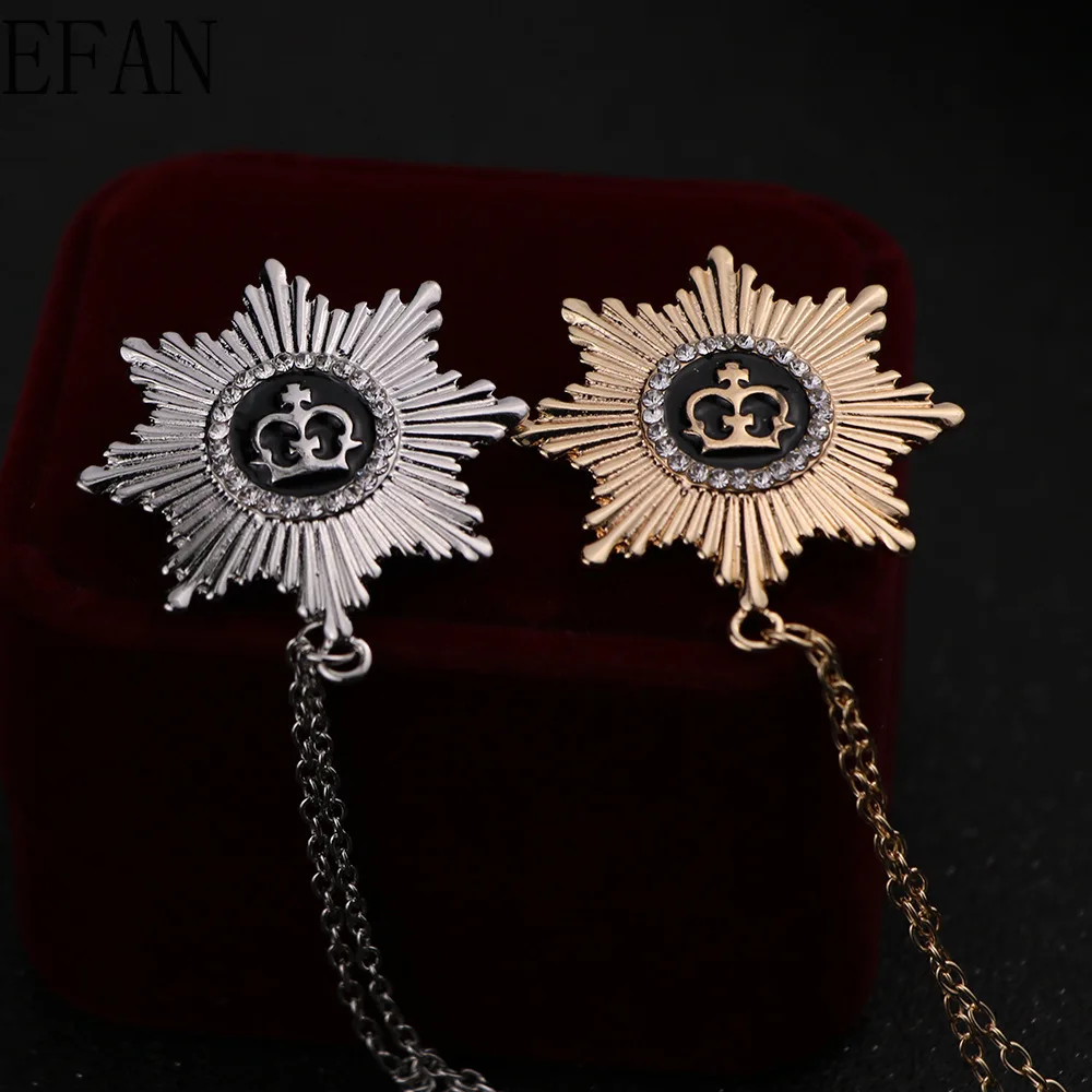 Мужская брошь в форме восьмиугольной короны золотистая/Серебристая с двумя