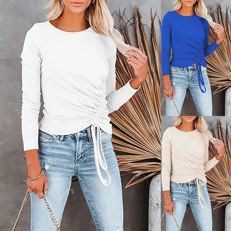 

Autumn New Draw Rope Bottom Shirt T - Shirt Burst Pure Color Long Sleeve Round Neck Women's T - Shirt