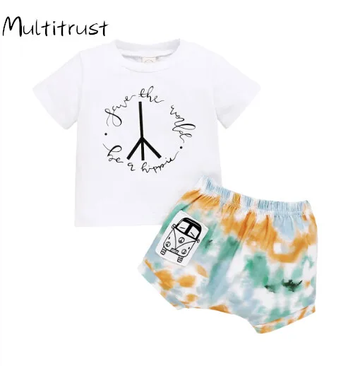 

2020 New Summer 2Pcs/Set Baby Girls Outfits Short Sleeve T-Shirts Tops Tie-dye Shorts Set Size 0-18M