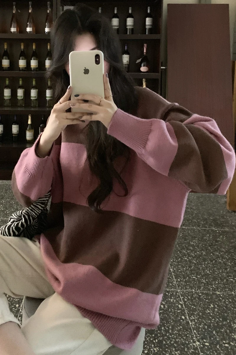 

Japanese striped pullover sweater women loose outer wear autumn and winter 2020 new lazy style Korean long-sleeved sweater