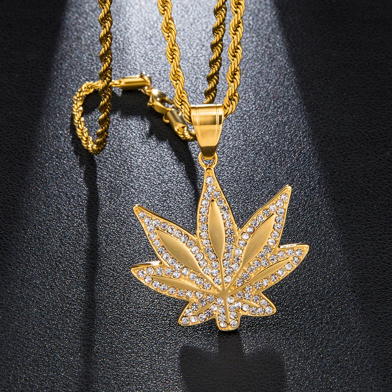 Хип-хоп Золото Цвет Нержавеющая сталь Bling Iced Out Веревка Цепь Конопляный лист