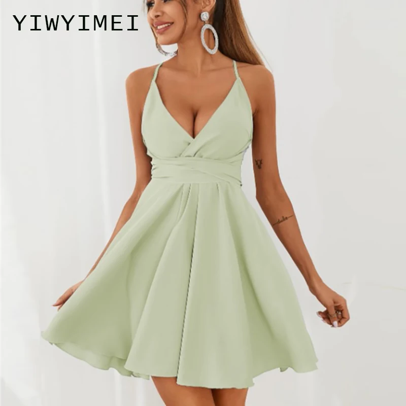 

Women 2021 Chic Fashion Sashes Solid Cozy Mini Dress Sexy Vintage Deep V Neck Adjustable Straps Female Dresses Mujer White