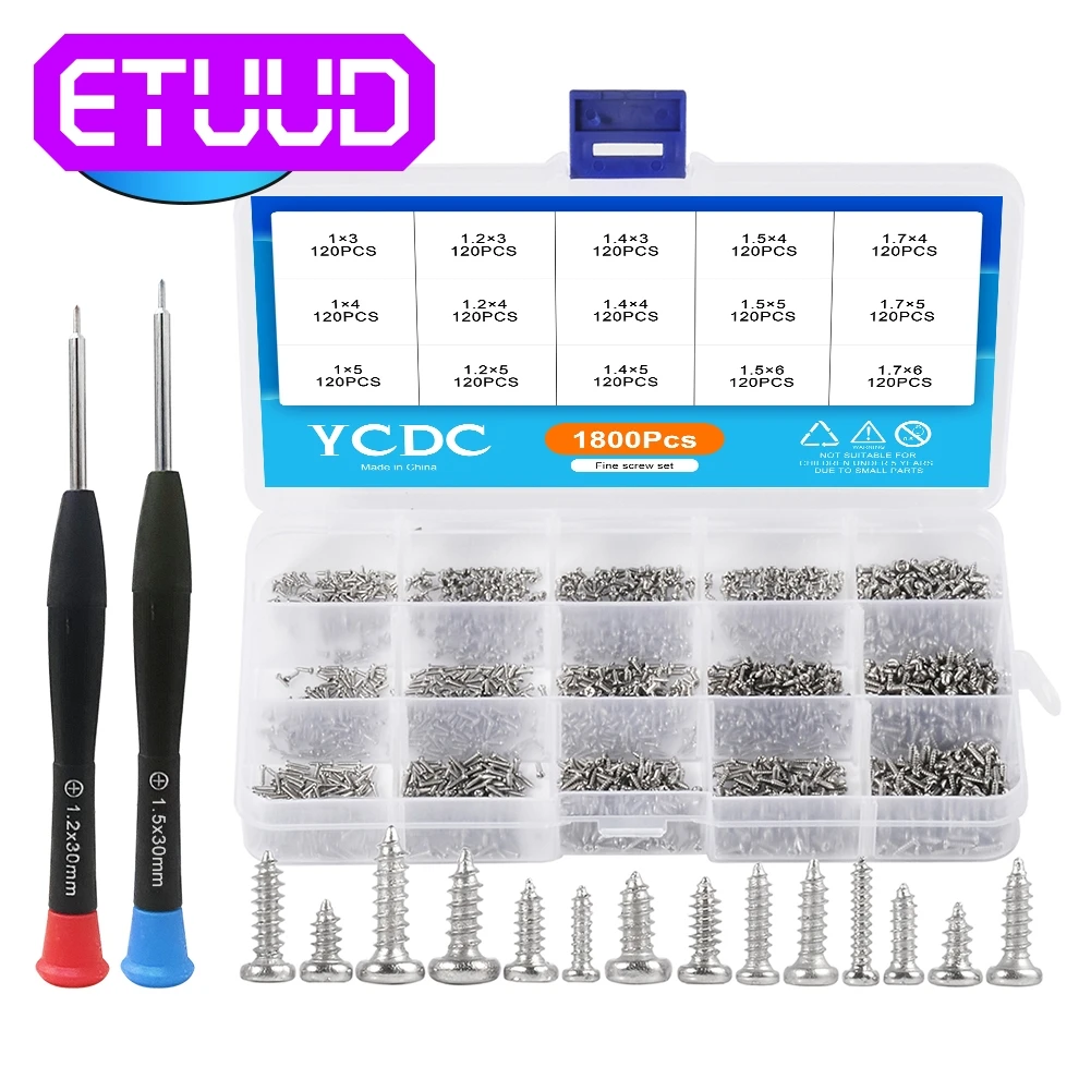 

1800pcs Pan Head Tapping Screw Cross Head M1 M1.2 M1.4 M1.5 M1.7 Self Tapping Screw Set Assortment Kit Black Carbon Steel