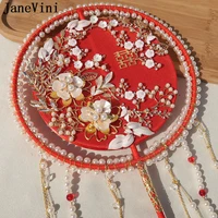 janevini luxury red wedding flowers bridal fan chinese ancient pearls bride round fan long tassel beading wedding bouquets