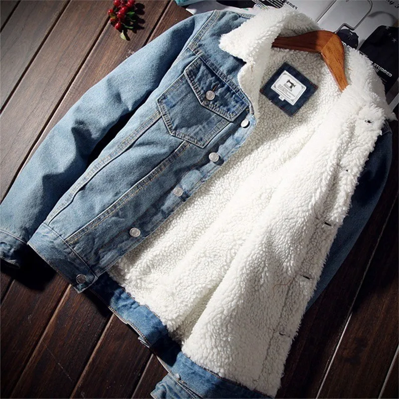 

Men Jacket and Coat Trendy Warm Fleece Thick Denim Jacket 2021 Winter Fashion Mens Jean Jacket Outwear Male Cowboy Plus Size 6XL