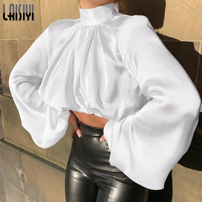 Blouses Satin Lantern Long Sleeve Women Blouse Spring Autumn Turtleneck Silk Women's Cropped Blouses and Shirts Top Blusas 2021