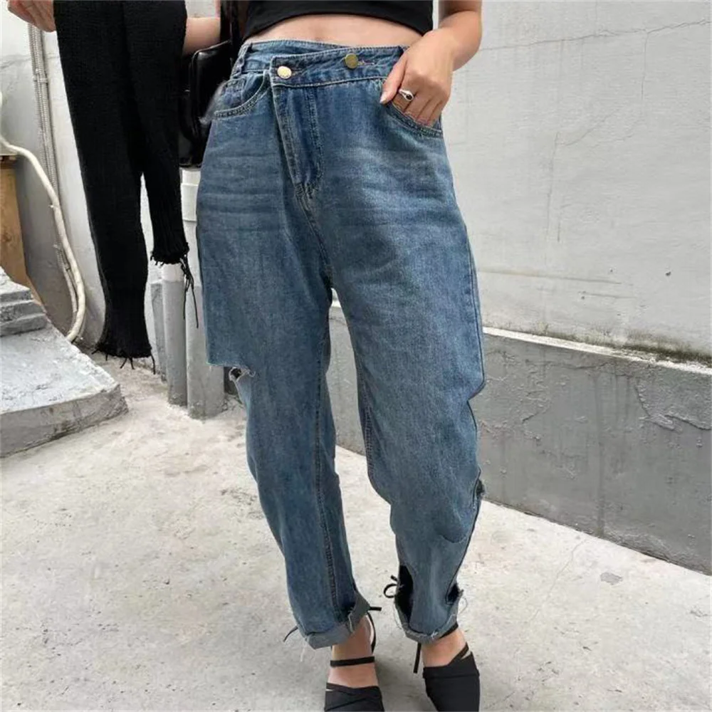

HziriP Hole Harem Denim Jeans Trousers Loose High Waist Cowboy 2021 Streetwear Casual Plus Size Women Autumn Full Length Pants