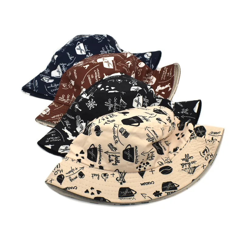 

Alphabet Graffiti Bucket Hat Outdoor Drink Coffee Caps Chic Casual Sun Cap Travel Hats For Couple Friends Accessories 2021 Trend