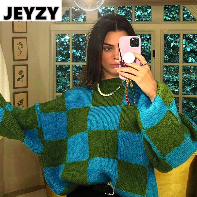 

Женский свитер Jeyzy Y2K, пуловер, женские топы с длинным рукавом, вязаный клетчатый Повседневный свитер оверсайз с круглым вырезом в Корейском ...