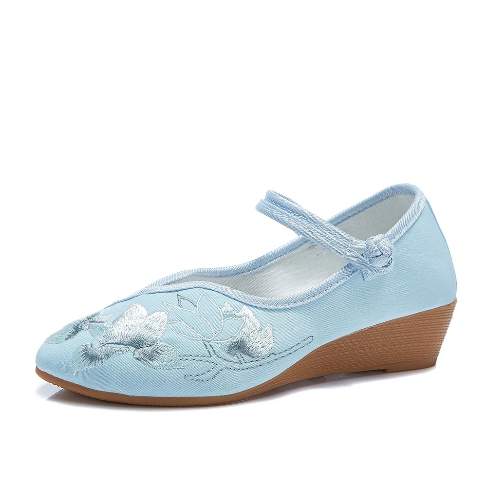 

YourSeason Ladies Cotton Fabric Embroidery 4cm Wedge Shoe Pointed Toe Women Comfort Vintage Chinese Embroidered Shoes Mid Heels