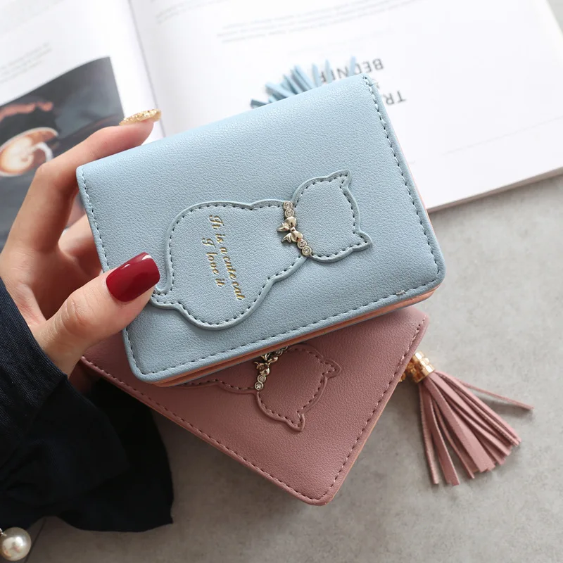 

New Women Wallet Bag Tassel Short Cat Zipper Coin Purse Small Holder Card Purse Wallet Handbag Carteira Portefeuille Femme