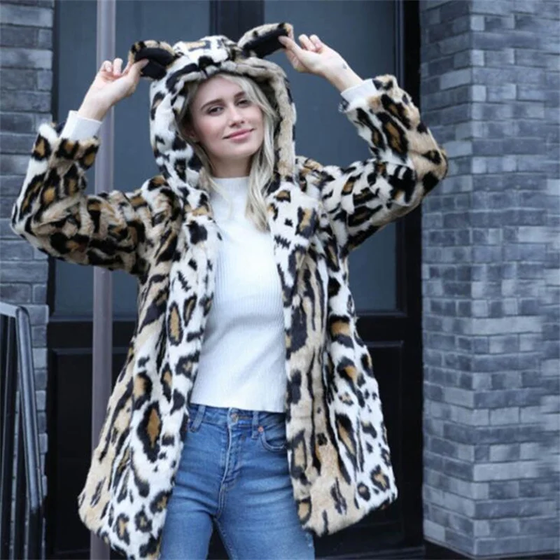 New ladies fur coat womens fashion leopard print hooded imitation mink fur clothes warm leather jacket autumn winter