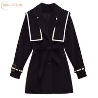 preppy stlye trench women double breasted button shawl design mid long coat belt khaki black adjustable waist windbreaker winter