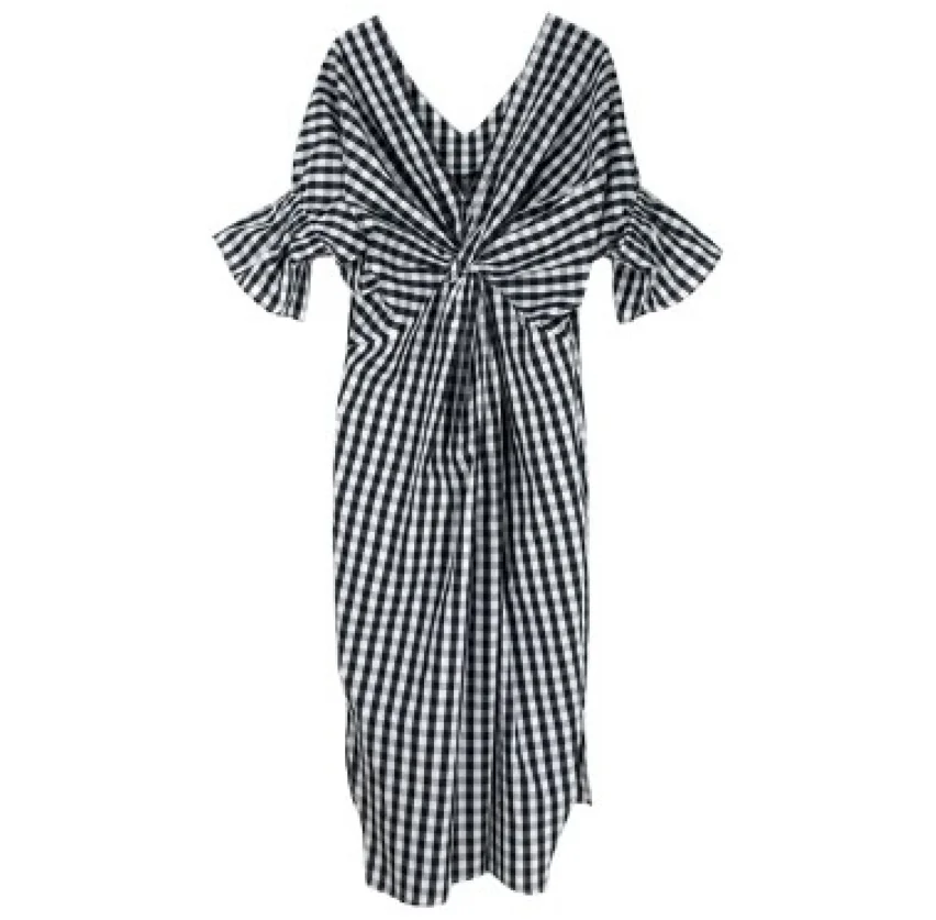

Women Plaid Bow Butterfly sleeve dress summer Beach style V-neck Loose Ankle-length Fashion Female dress