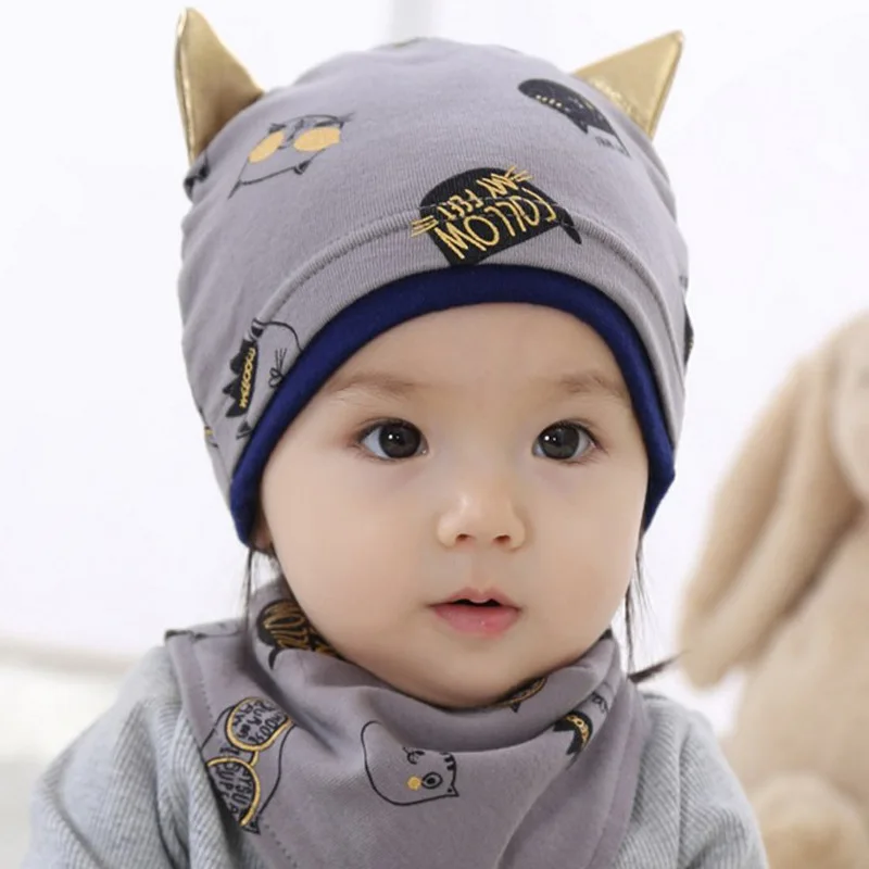 

Spring Autumn Cartoon Print Infant Beanie Boys Girls Cute Cotton Baby Hat with Bibs Set for Newborn Headwear 6-24M