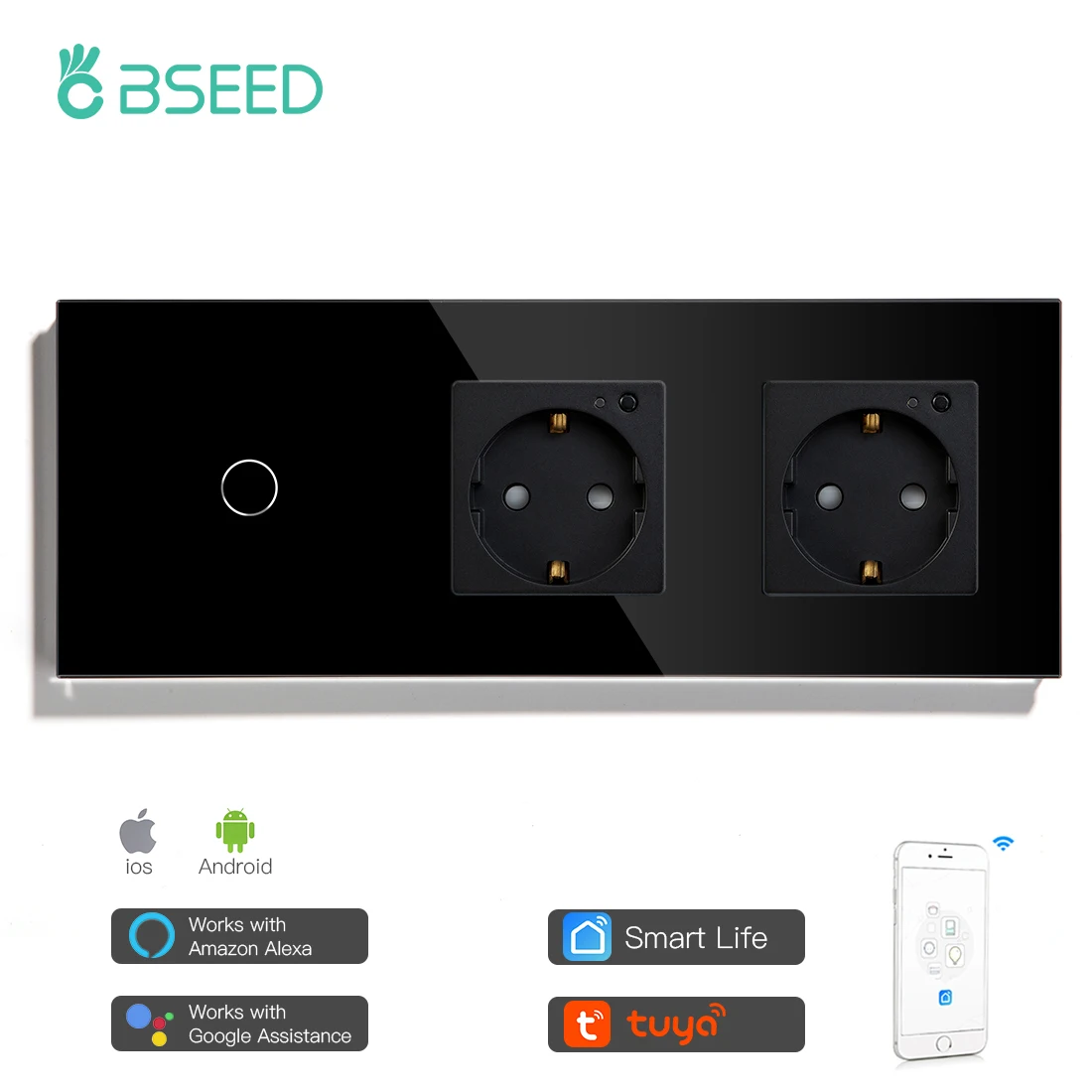 

BSEED Black Color Wifi Touch Switches 1/2/3 Gang 2 Way Light Switch Smart Life Double Wall Power Sockets Google Alexa Tuya